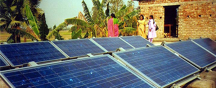 Solar photovoltaic arrays/panels in an east Indian village.