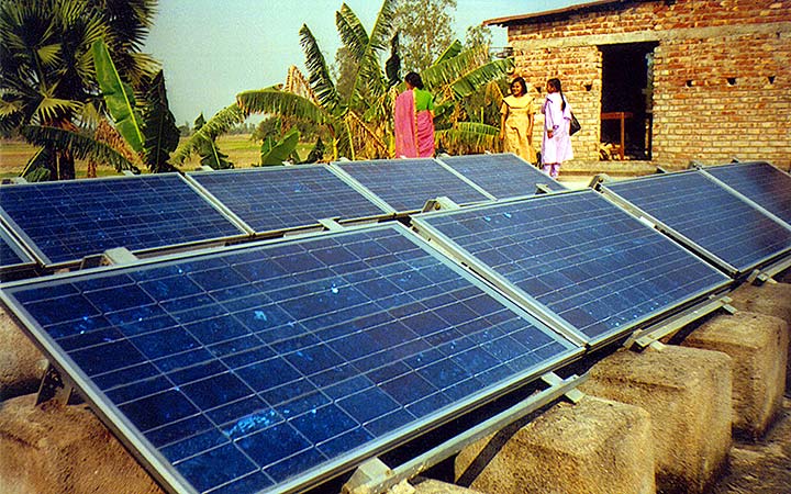 Solar photovoltaic panels/array in an Indian village.