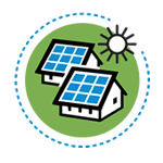 Icon for Distributed PV, showing the sun and two homes and solar panels.