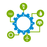 Grid Integration icon, showing a gear in the middle and icons representing different types of energy resources around the outside.