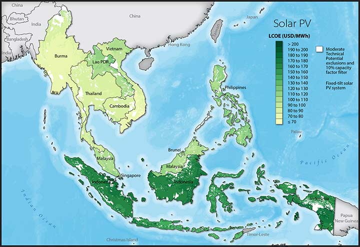 A map showing solar photovoltaic levelized cost of energy across ASEAN member states
