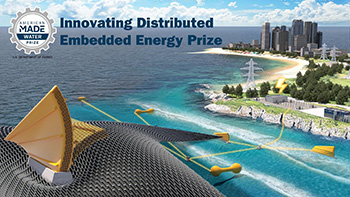 Illustration of REDi island with wave energy technology offshore.