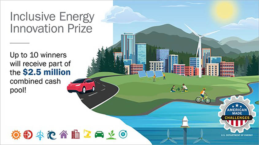 Illustration including city with a tidal turbine, wind turbine, solar panels, and electric car. Mountains are in the background and water is in the foreground. The words "Inclusive Energy Innovation Prize: Up to 10 winners will receiver part of the $2.5 million combined cash pool" and the American-Made Challenges logo