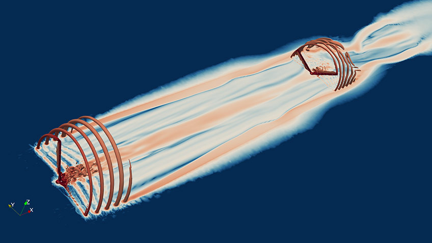 A 3-D visualization of two turbines in atmospheric flow, with streaks indicating wakes from the upwind turbine.