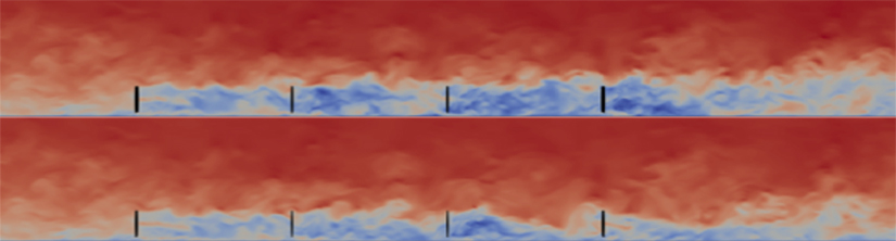 Two stacked images of wind farm simulations with four marks on each representing wind turbines and multicolored areas around them representing wind flow.
