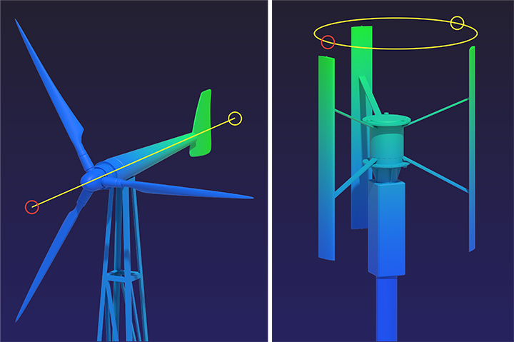 Computer models of a horizontal-axis wind turbine next to a vertical-axis wind turbine.