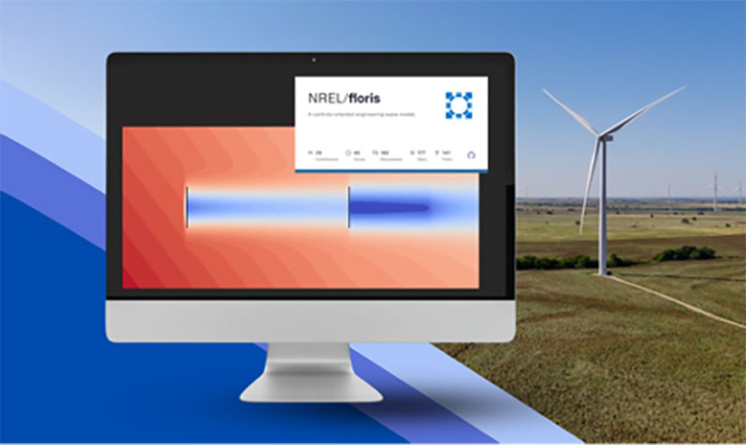 Illustration of desktop computer screen with FLORIS on it with image of wind turbine in a field in the background