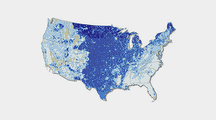 An illustration of the United States colored in shades of blue to represent the potential wind capacity at 110-meters hub height.