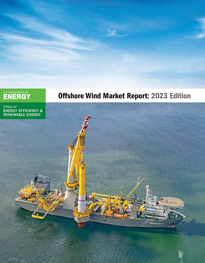 A photo of a barge in the ocean overlain by the U.S. Department of Energy Wind Energy Technologies Office logo and the title Offshore Wind Market Report: 2023 Edition.
