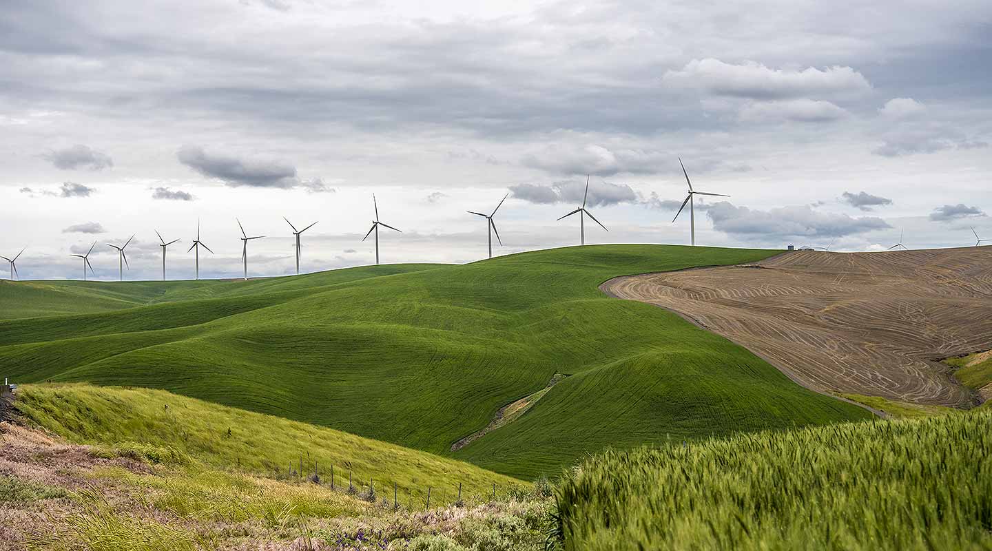 A photo of a row of 11 wind turbines on the ridge of green hills with a brown field in the foreground.