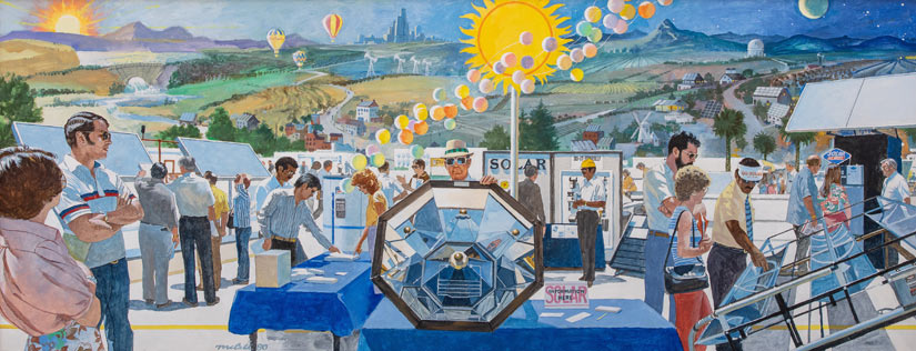 Painting of people visiting booths with solar arrays and a giant sun in the background, set against the backdrop of the mountains.