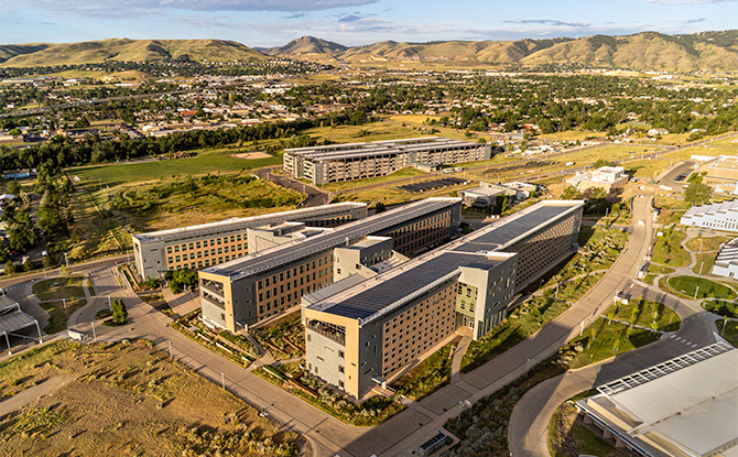 Aerial view of NREL's South Table Mountain campus, with the mountains in the background