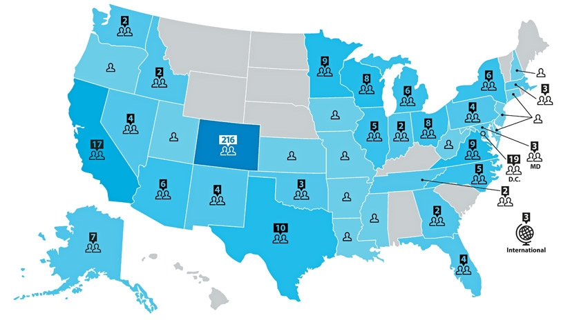 U.S. map with numbers corresponding to the number of NREL Energy Execs alumni in each state: Washington (2); Oregon (1); California (14); Idaho (2); Nevada (2); Arizona (6); Utah (1); Colorado (208); New Mexico (4); Kansas (1); Oklahoma (3); Texas (9); Minnesota (9); Iowa (1); Missouri (1); Arkansas (1); Louisiana (1); Wisconsin (7); Illinois (5); Mississippi (1); Georgia (2); Florida (4); Michigan (5); Indiana (2); Ohio (7); West Virginia (1); New York (6); Pennsylvania (4); New Hampshire (1); Massachusetts (1); New Jersey (1); Connecticut (1); Delaware (1); Maryland (4); Washington, D.C. (18); Virginia (9); North Carolina (5); Tennessee (2); and other countries - Colombia, Lagos, and Philippines (3).