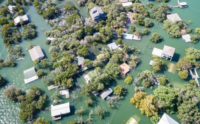 Aerial view of an urban area under water.