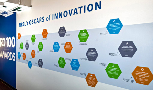 A wall with the word 'R&D 100 Awards - NREL's Oscars of Innovation and various colored shapes containing details about awards.