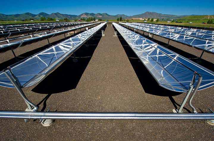 Concentrating solar power parabolic troughs.