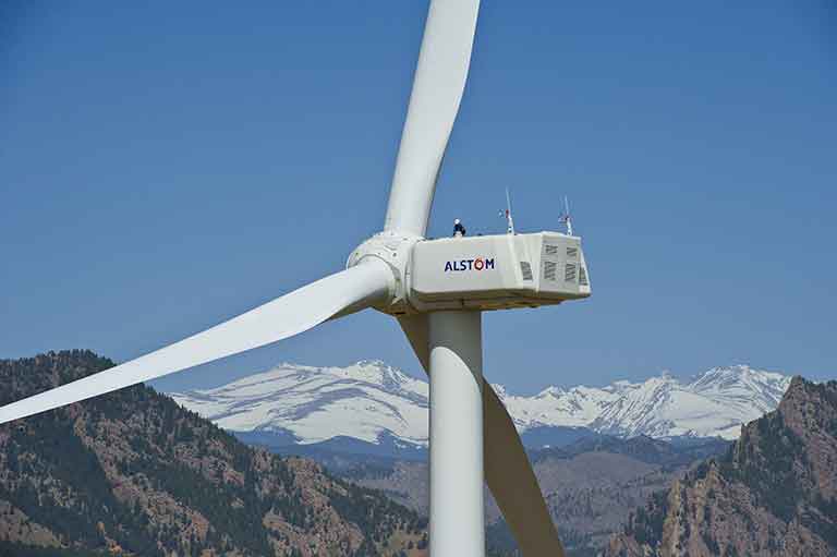 Aerial view of a wind turbine at NREL's Flatirons Campus.