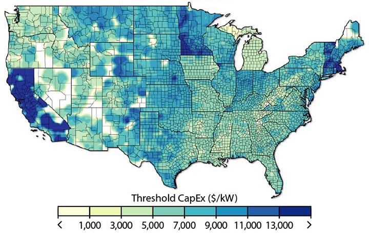 Graphic of a U.S. map with varying shades of yellow, green, and blue to indicate the economic potential of behind-of-the-meter wind applications, today. Darker blue colors indicate greater economic potential. The Midwest and Heartland regions, and portions of the East and interior West, of the country have the highest potential.