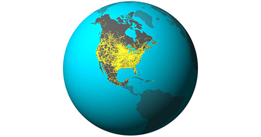 Globe illustration highlights Canada, the United States, and Mexico with a conceptual linked power grid connecting the three countries