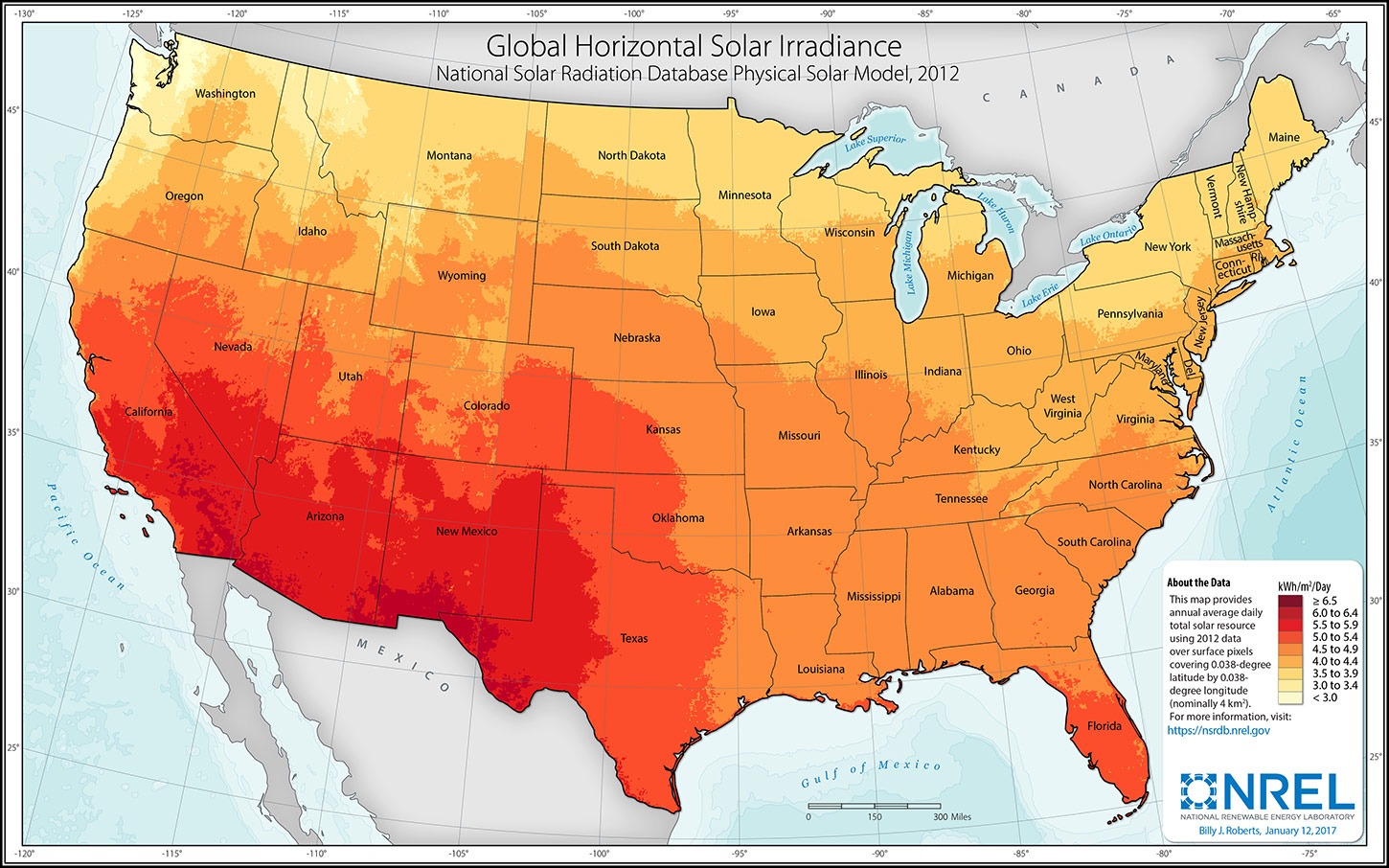 Graphic of a map of solar resource availability in the United States, depicting annual average daily total solar resource using 2012 data, reflecting high concentrations of solar in the South and Southwest regions.