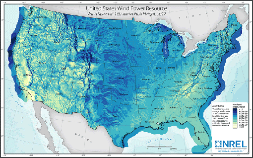 Graphic of a map of wind power resource in the United States, depicting average wind speeds at a 100-meter hub height for the year 2012 derived from modeled resource estimates.