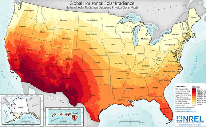 U.S. map showing global horizontal solar irradiance