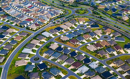 An aerial image of a neighborhood.