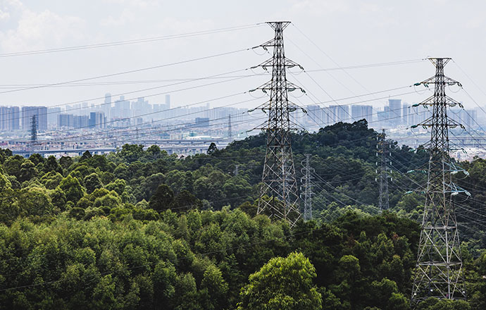 A cityscape in the background with power wires and transmissions towers with green trees in the foreground.