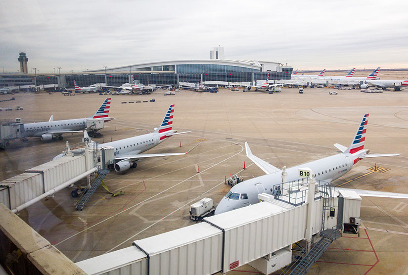 Commercial jets on a tarmac at DFW Airport
