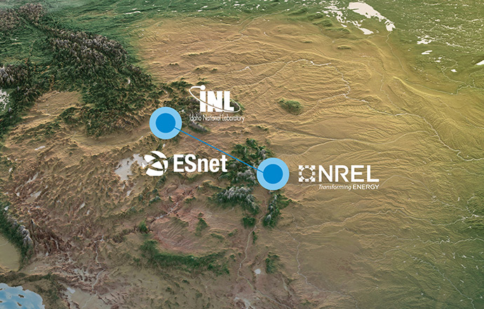 Illustrated map of the western United States overlayed with the logos of Idaho National Laboratory, NREL, and ESnet