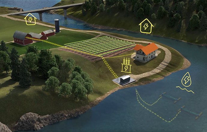 A screenshot from a app showing a river next to a farm powered by energy generated from river currents