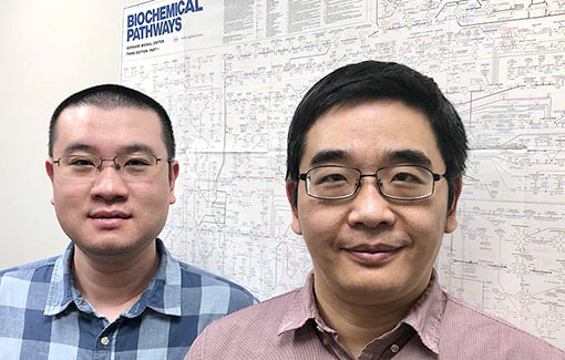 Two men smiling stand in front of a map of "biochemical pathways."