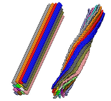 Illustration of two rods consisting of multi-colored, globular strands; the left figure shows the strands in line and parallel to each other, the right figure shows the strands twisted.
