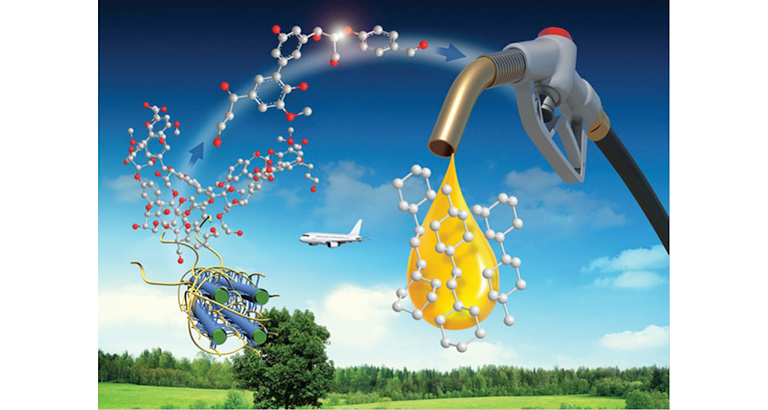A photo of a meadow and forest and jet airplane in the sky in the background covered by illustrations of white and grey molecular structures leading to a fuel nozzle with yellow liquid fuel and white molecular structures coming out of the nozzle.