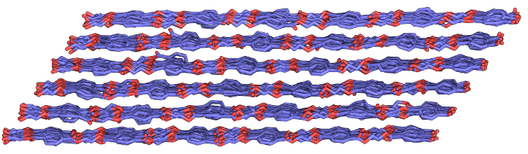 Crystalline system of an aromatic polyester shown as cylinders between atom centers.