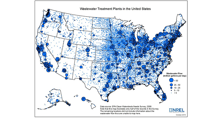 A map of the United States illustrating wastewater treatment plants in the country with the wastewater flow (million gallons per day) represented by large (greater than 50) to small (less than 5) blue dots.