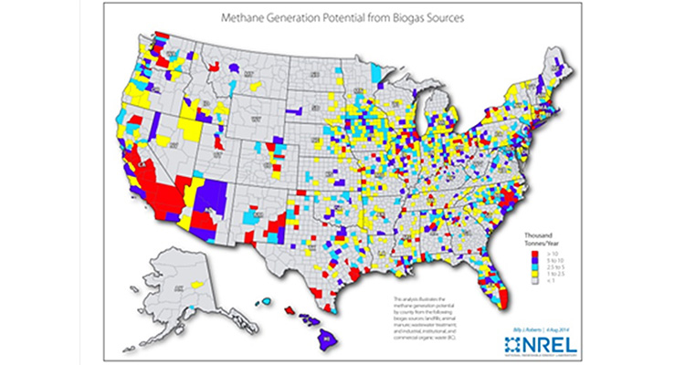 A map of the United States illustrating methane generation potential from biogas sources in the country with thousand tonnes per year represented by red (greater than 10), purple (5 to 10), turquoise (2.5 to 5), yellow (1 to 2.5), and grey (less than 1) shapes.