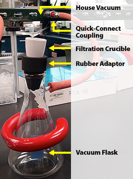 Photo of a glass flask, identified as a "Vacuum Flask," with a black stopper identified as a "Rubber Adaptor"; a white container atop the rubber adaptor is identified as a "Filtration Crucible;" a red hose connects the flask with a "Quick Connect Coupling" attached to a black platform identified as a "House Vacuum."