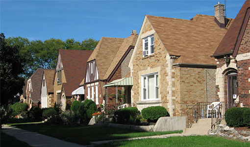 Row of single family homes in urban neighborhood