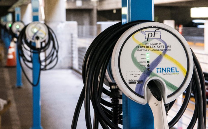 Photo of electric vehicle charging stations in NREL's parking garage.