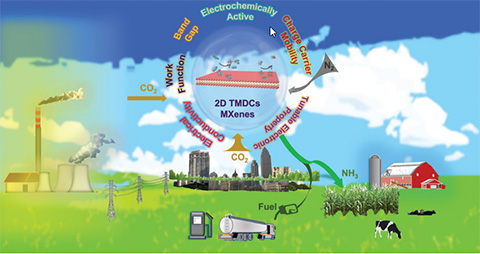 Illustration of future carbon dioxide and nitrogen reduction reactions by novel 2D layered catalysts—including electrical conductivity, work function, band gap, electrochemically active, charge carrier mobility, and tunable electronic property —for sustainable feedstocks and fuels