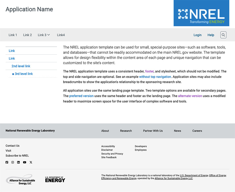 A screenshot of the NREL application template