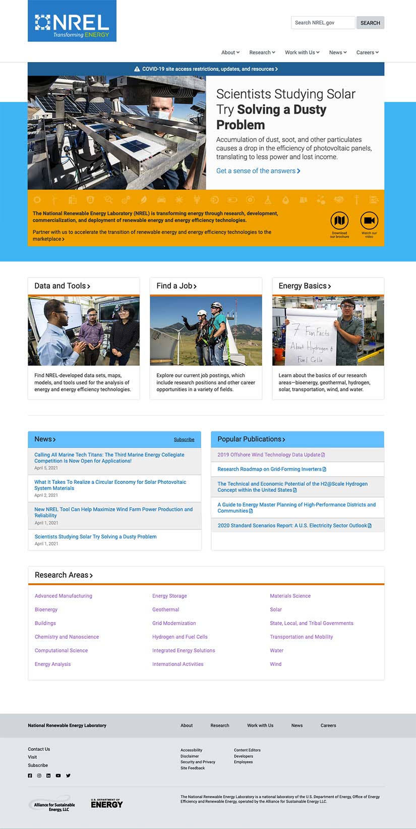 Screenshot of the NREL home page with examples of components.