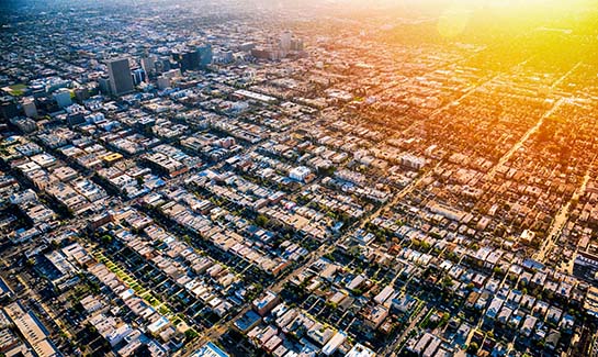 Aerial shot of Los Angeles residential and business area