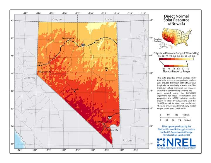 A multicolor map of Nevada depicting direct normal irradiance.