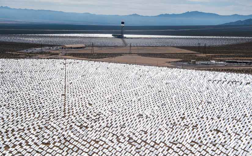 View of heliostats from tower 2 at the Ivanpah Solar Project.