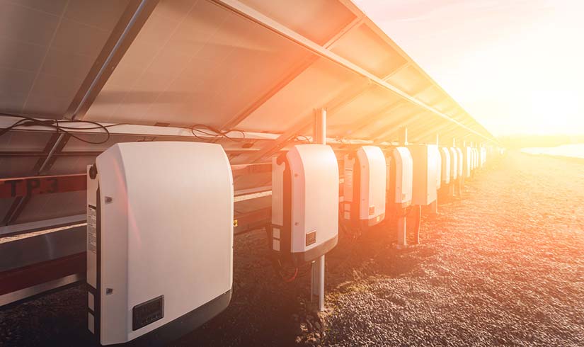 Photo of solar inverters connected to a solar panel array under bright sunlight. NREL recently published a guide to understanding inverter-dominated power systems.