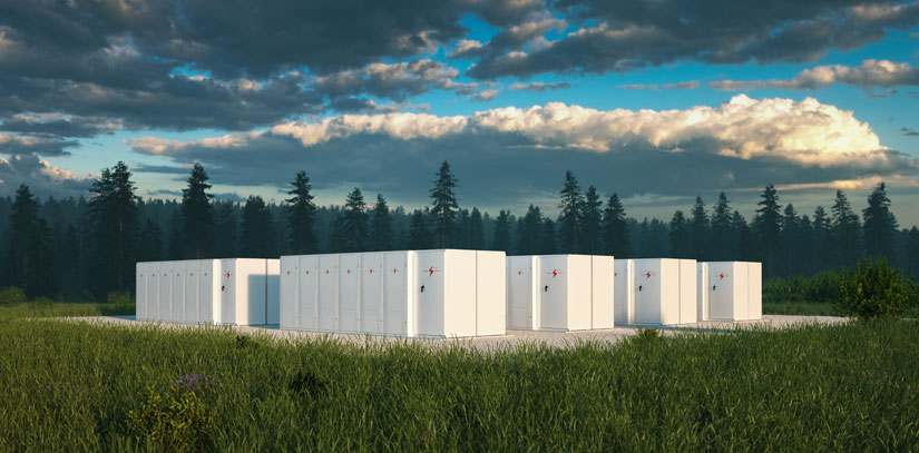 Image of a group of battery energy storage systems in a field.