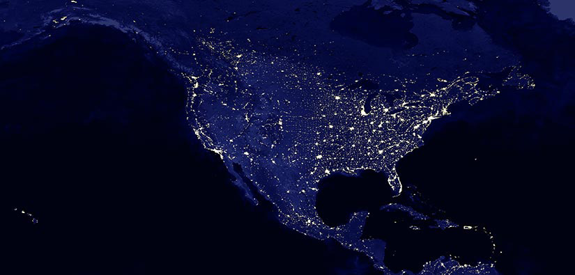 Satellite image of lights in North America at night.