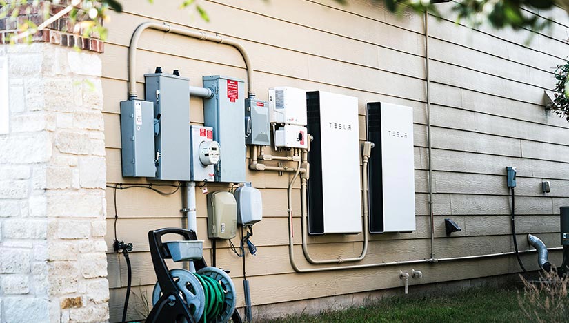 A photo of installed residential battery energy storage devices.